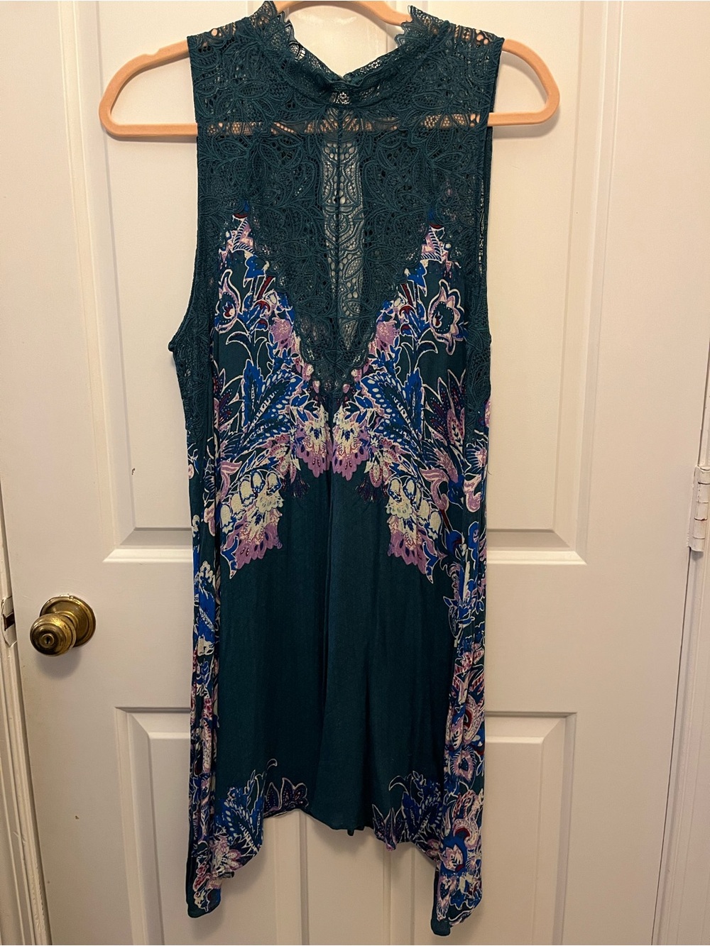 Free People Deep Teal Crochet Yoke Floral Sleeveless Dress